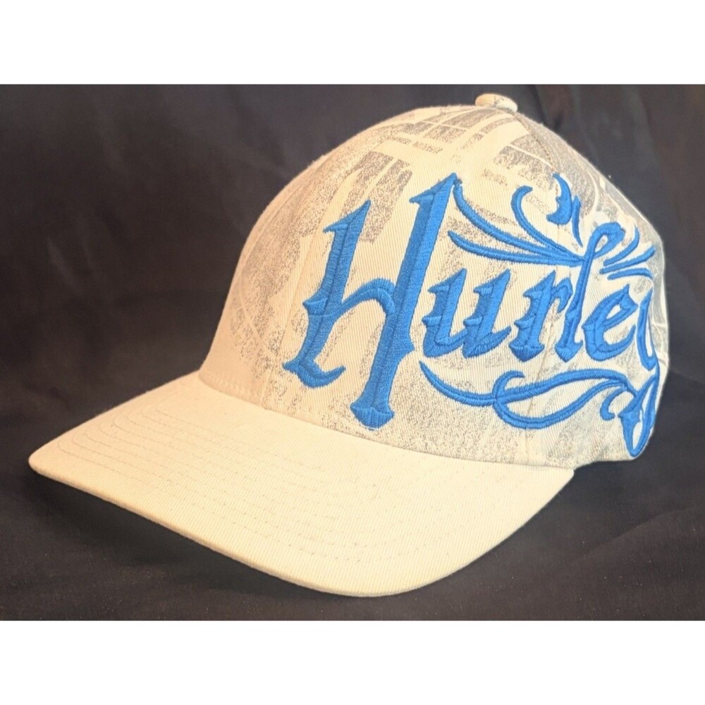 Hurley Script Logo Men’s  7.5” White/Blue Fitted Hat Cap - Early 2000s Vintage